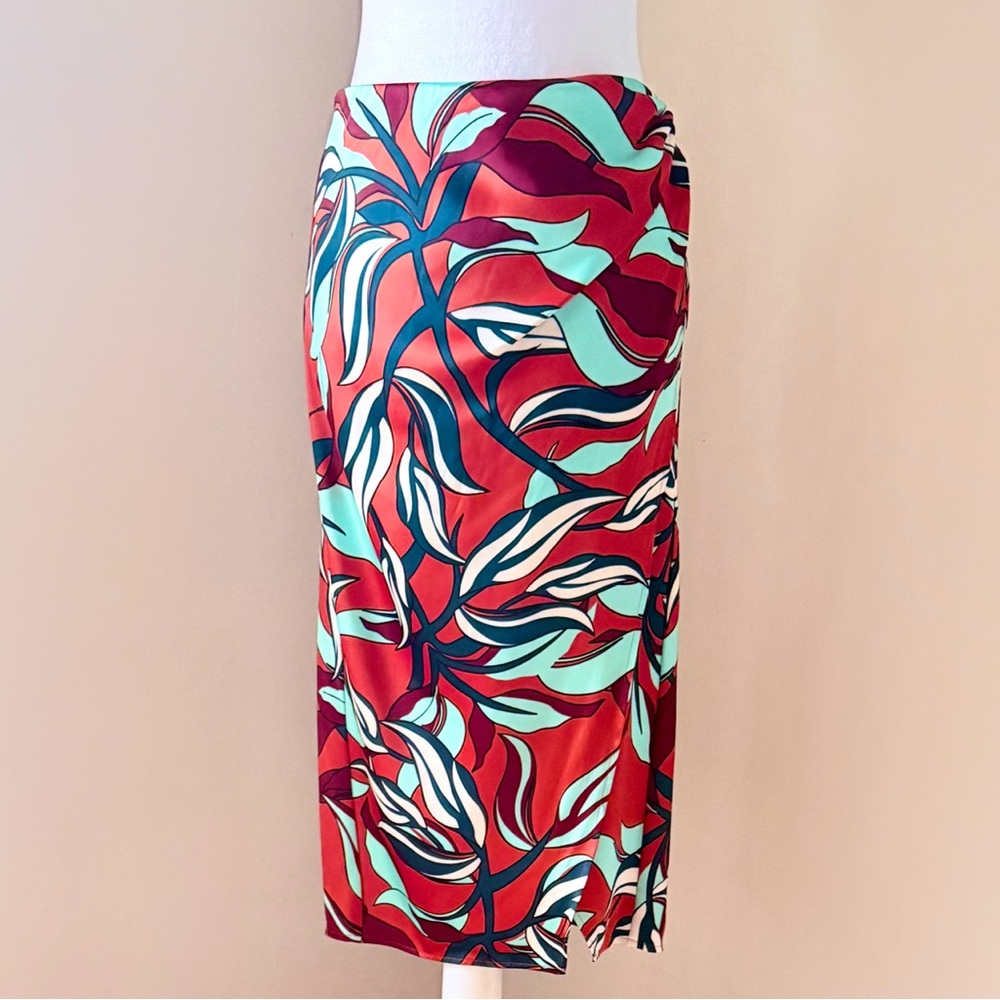 NWT Sigrid Olsen Copper Orange Aqua Blue Tropical Floral Satin Midi Skirt XS